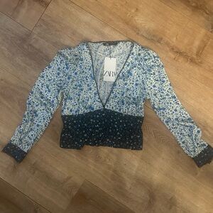 Zara Blue and Black Floral Blouse